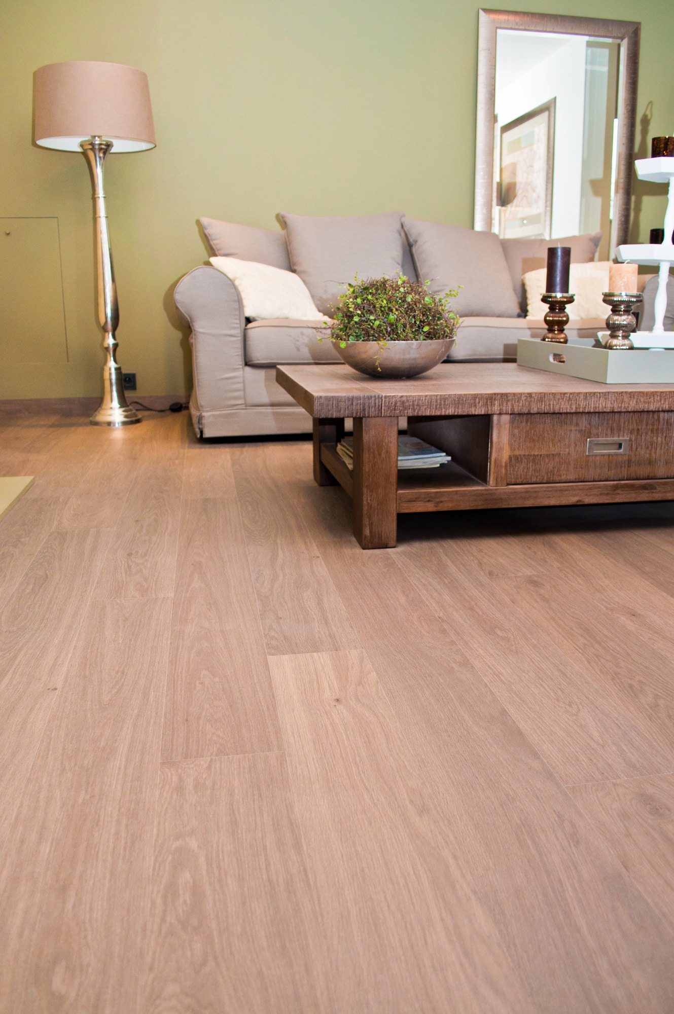 Living room with light hardwood flooring and wood coffee table