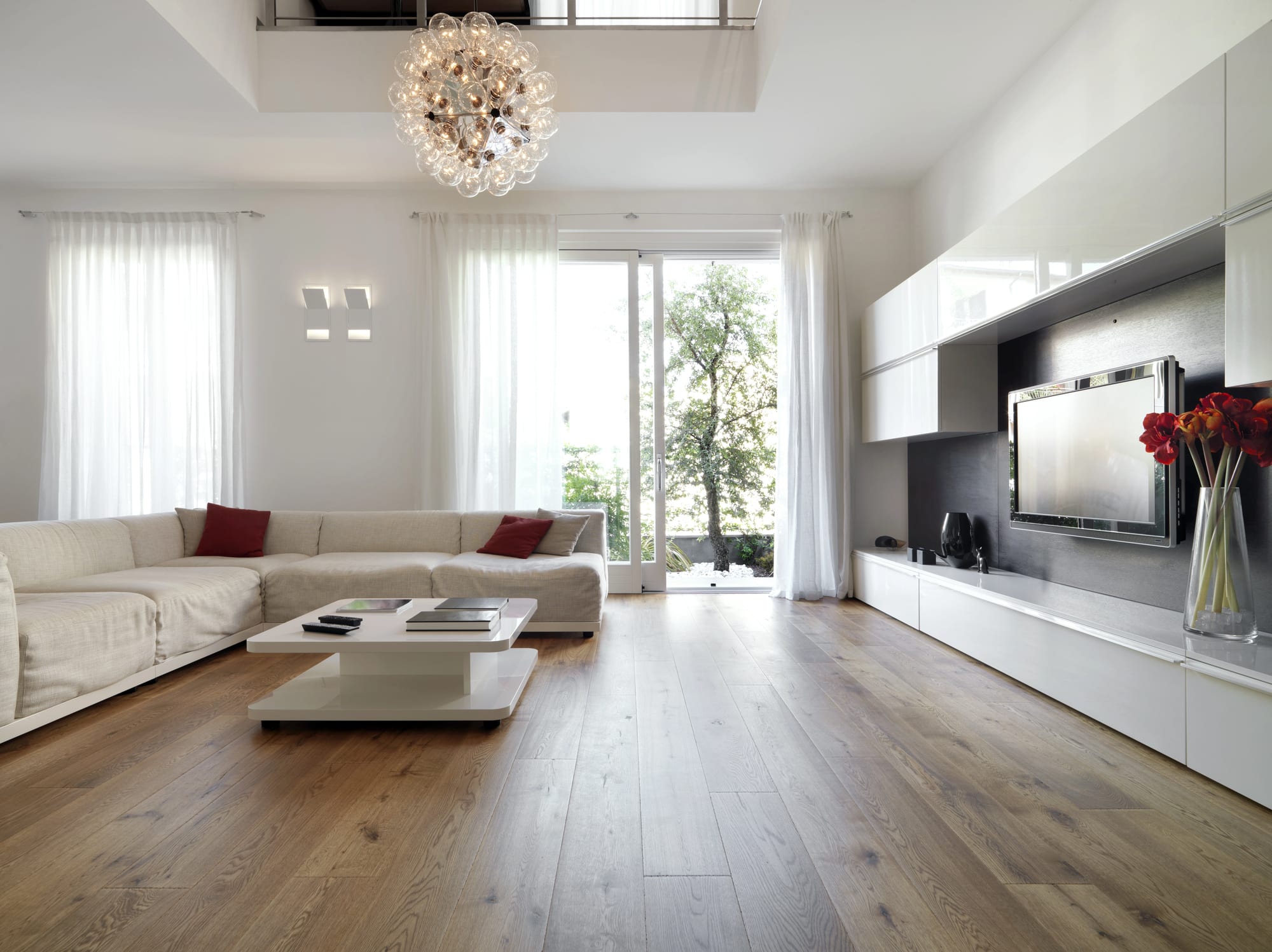 Modern living room with wide-plank oak flooring